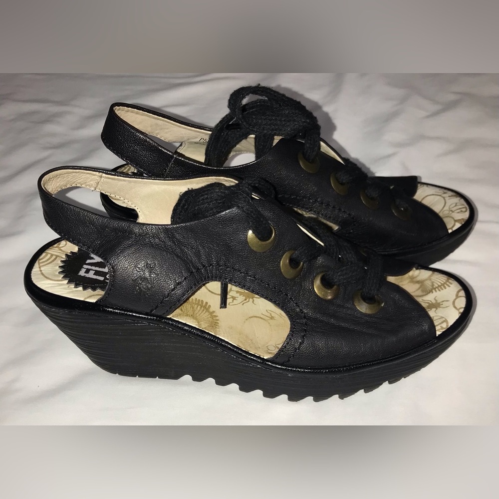 Fly London Yuta Black Lace Up Peep Toe Wedge Heel Sandals - Picture 7 of 8